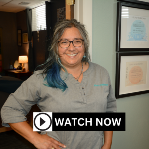 Photo of Healing Touch for Animals® Advanced Proficiency 2 level practitioner Cristi Eckert in her office in Lakewood, Colorado.