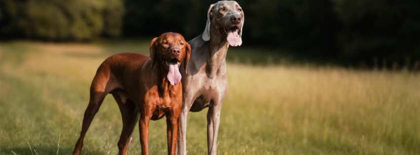 A silver Weimaraner and a red-colored Labrador in a green field of grass.