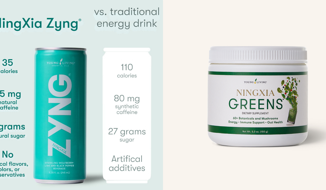 Teal green beverage can and white and green container of supplement greens powder.